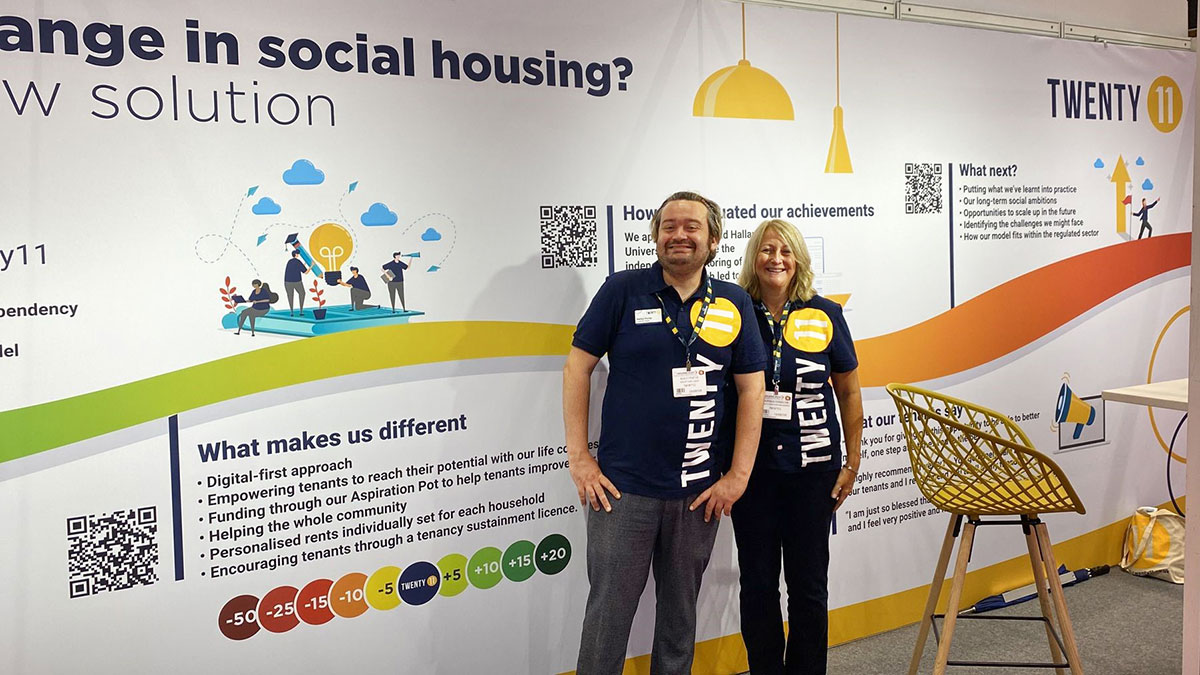 Ashley and Laurinda on the Twenty11 stand at the Housing 2023 conference in Manchester